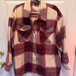 Women's Shacket big shirt Plaid Utility Jacket in Red and Cream size XL